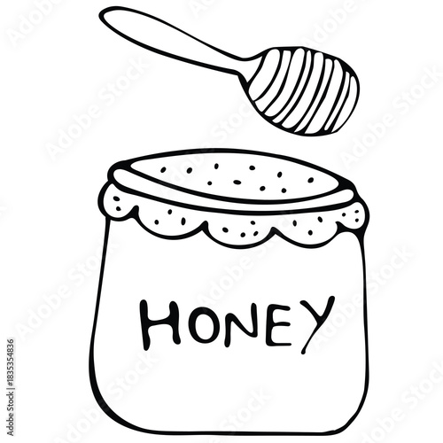 Black and white hand-drawn sketch vector illustration of a honey jar labeled "HONEY" with a dipper stick, suitable for natural food, dessert, bakery, morning breakfast, and general food or ingredient 