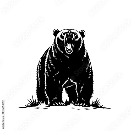 A powerful black grizzly bear roaring aggressively in a bold, black and white illustration style.