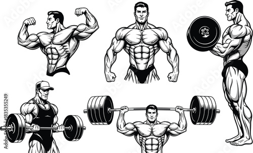 Bodybuilder silhouette collection, weightlifting poses, muscular male figures, gym workout icons, strength training design, fitness vector, powerlifting illustration