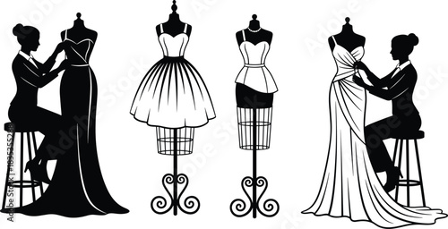 Fashion Designer at Work Silhouettes: Seamstress Tailoring Elegant Gowns on Dress Forms, Vintage Mannequins Displaying High Fashion Attire Vector Illustration.