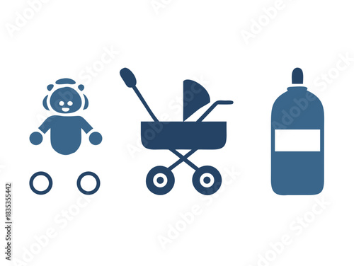 Baby essentials icons teddy bear stroller and bottle