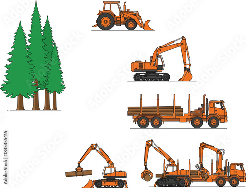 Forestry equipment illustration, logging machinery, evergreen trees, timber process, tractor, excavator, log loader, grapple truck, vector art, industrial concept