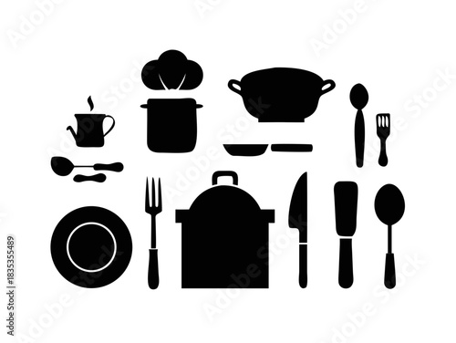 Collection of kitchenware and utensils line art