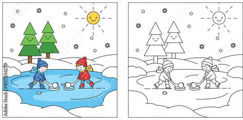 Christmas coloring book page for kids with two happy boys playing ice hockey on frozen pond with smiling trees and sun vector illustration