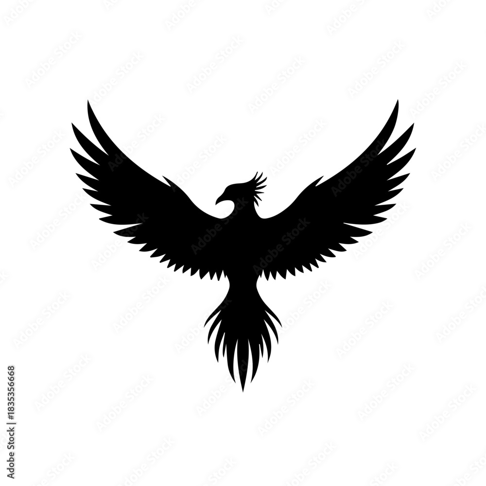 Fototapeta premium Black silhouette of a majestic phoenix bird with wings spread wide on a white background.