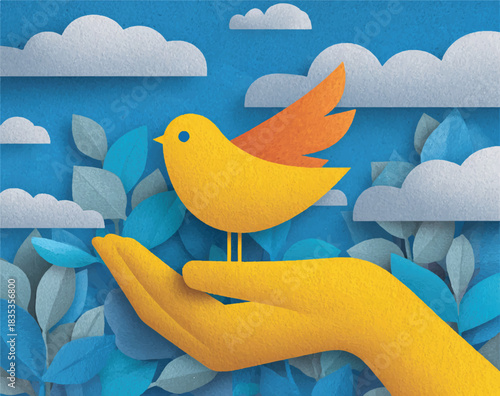 Illustration of a hand releasing a paper bird into the sky