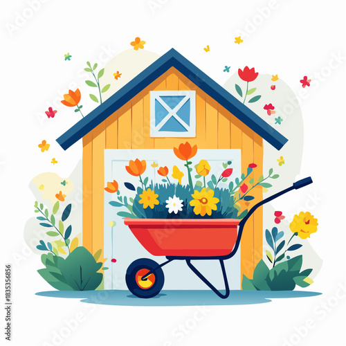Garden shed with wheelbarrow full of flowers
