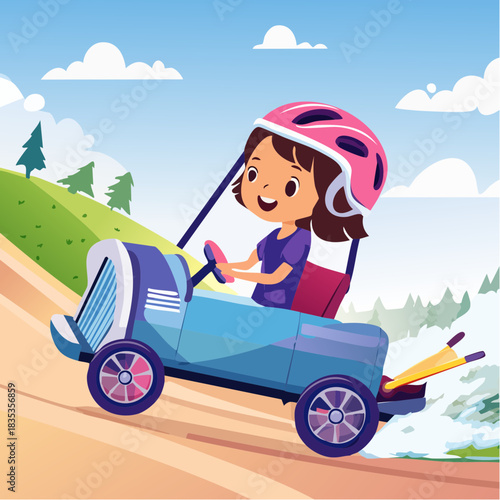 Girl driving a go-kart down a hill