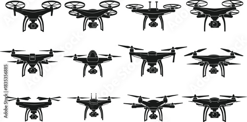 Drone silhouette collection, aerial vehicle icons, quadcopter vector set, flying machine shapes, black unmanned aircraft, surveillance design elements