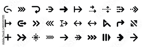 Arrow icon set, collection of black vector arrow symbols, featuring directional pointers, cursors, right-pointing icons, modern minimal arrow designs, and versatile navigation graphics