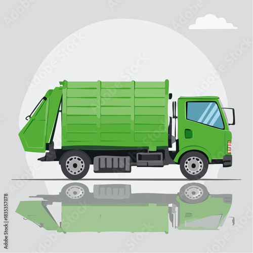Green garbage truck reflection on gray background