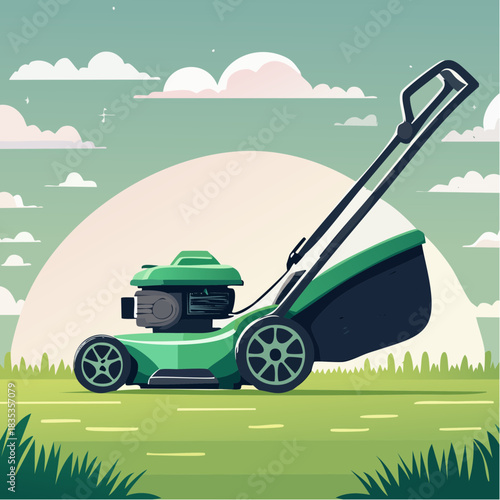 Green lawn mower on grassy field
