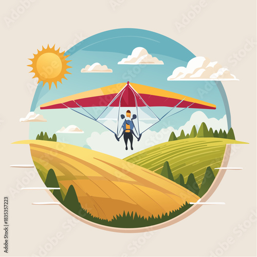 Hang glider over rolling fields under sun