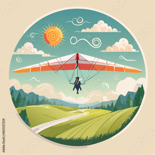 Hang gliding over green landscape sun and clouds
