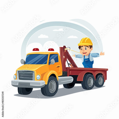Happy worker with tow truck