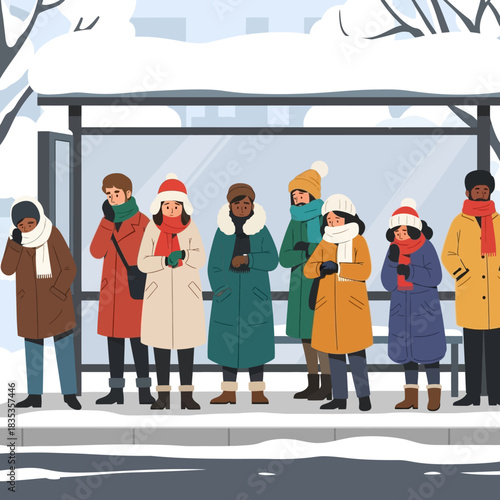 A diverse group of people in warm winter coats and hats waiting for a bus at a snowy stop.