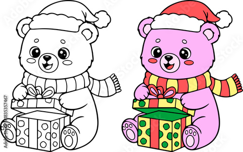 Unwrapping christmas bear holiday decoration cozy home living room cute gift scene warm atmosphere festive viewpoint heartwarming concept for seasonal cheer