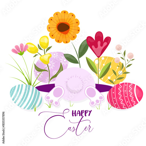 A cute Easter bunny in a burrow, happily pulling out colorful decorated eggs. Perfect for spring and holiday designs.