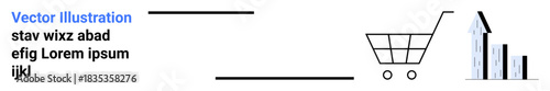 Business optimization, financial planning, online shopping, analytics, sales strategy, market trends. A shopping cart and bar graph indicate upward growth. Financial planning and business