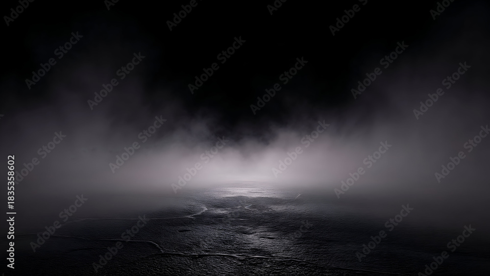 Obraz premium 3D rendered abstract Dark futuristic empty background with blue neon spotlight illuminating wet asphalt floor and swirling smoke on black