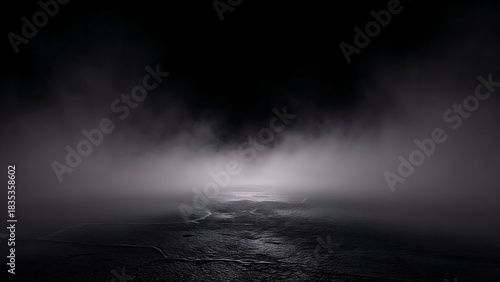 Fototapeta Naklejka Na Ścianę i Meble -  3D rendered abstract Dark futuristic empty background with blue neon spotlight illuminating wet asphalt floor and swirling smoke on black