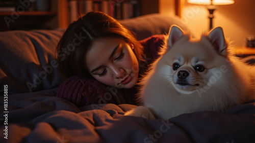 Cozy scene featuring woman resting bed with fluffy dog, creating warm and peaceful atmosphere. soft lighting enhances intimate moment shared