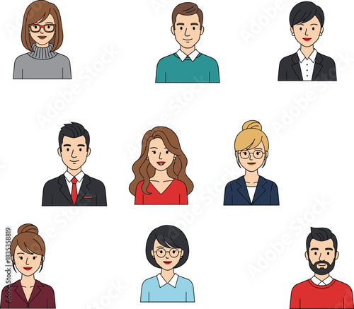 Business professionals, diverse cartoon avatar portraits of men and women in stylish outfits, corporate team illustration for profile, workplace identity concept
