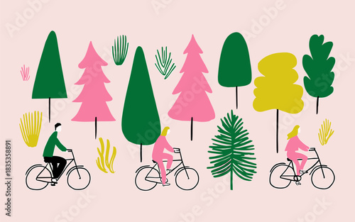 Cyclists Riding Through Colorful Forest in Flat Illustration