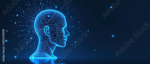 Digital representation of human head with circuit patterns, glowing in blue against dark background, symbolizes technology and innovation