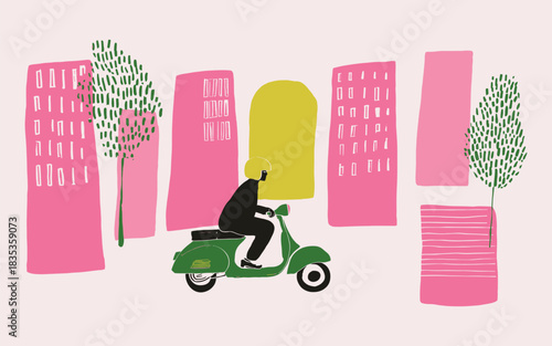 Man Riding Scooter in City with Tall Buildings Illustration