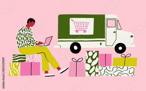 Man Working on Laptop with Delivery Van and Gift Boxes Illustration