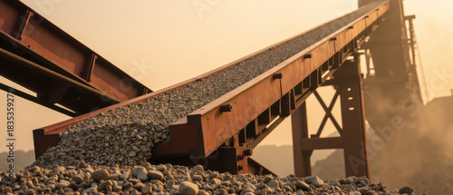 Conveyor belt transporting gravel at construction site during sunset, showcasing industrial machinery and materials in action