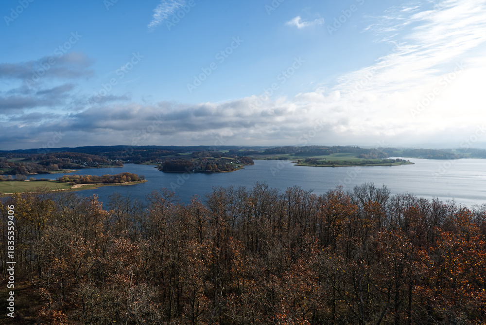 Obraz premium Talsperre Pohl water reservoir from Mosenturm lookout tower in Vogtland region in Germany