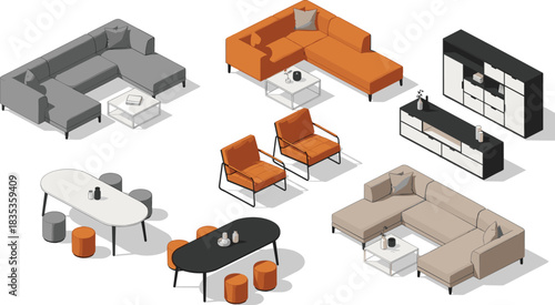 Isometric modern furniture collection, sectional sofa layout, dining table set, armchair and cabinet design, interior decor vector, home planning