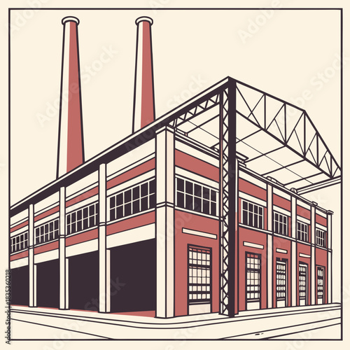 Stylized illustration of a vintage industrial factory building with tall smokestacks and large windows