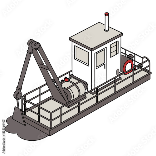 Illustration of a simple flat bottom barge with a crane and bucket for dredging and construction work