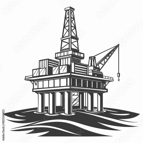Stylized illustration of an offshore oil rig platform standing tall in the ocean waves