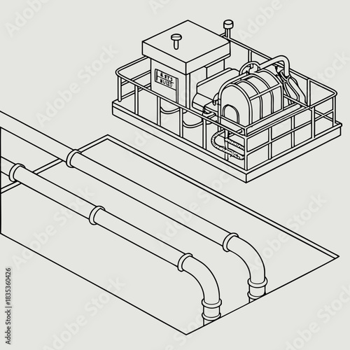 Isometric line art illustration of a water pump station with pipes and industrial equipment on a plain background