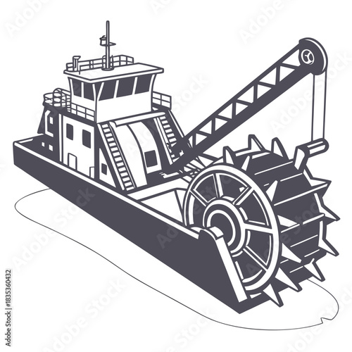 Illustration of a dredge boat with a large rotating bucket wheel for excavating sediment from waterways