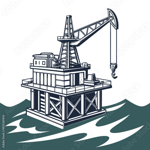 Stylized illustration of an offshore oil rig with a prominent drilling derrick and crane on a calm sea surface
