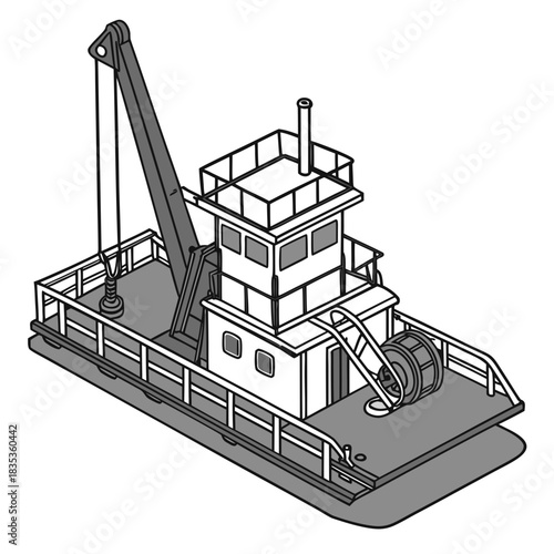 Illustration of a gray and white crane barge with a winch on a white background viewed from an isometric perspective