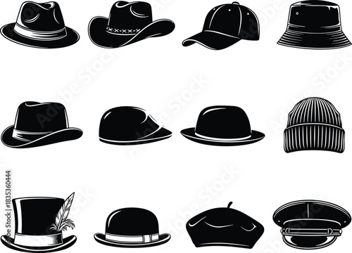 Hat silhouette collection, fashion headwear, fedora, cowboy hat, baseball cap, bucket hat, cloche, bowler, beanie, top hat, beret, military cap