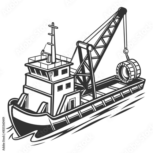 Illustration of a heavy duty crane barge lifting a large industrial metal coil on the water
