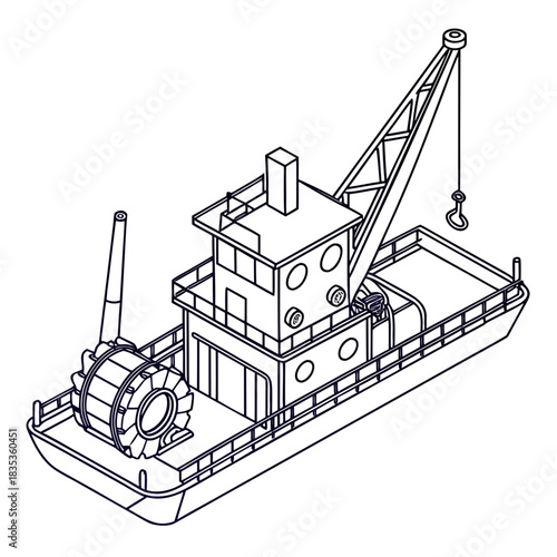 Isometric outline drawing of a crane barge with a cutter suction dredge head and a hook ready for lifting heavy loads