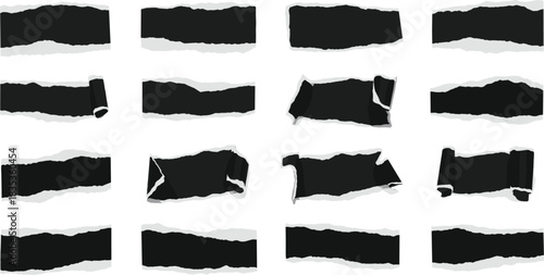 Torn paper strip silhouette collection, black ripped edge design, curled texture elements, graphic tear effect, vector layout, creative background