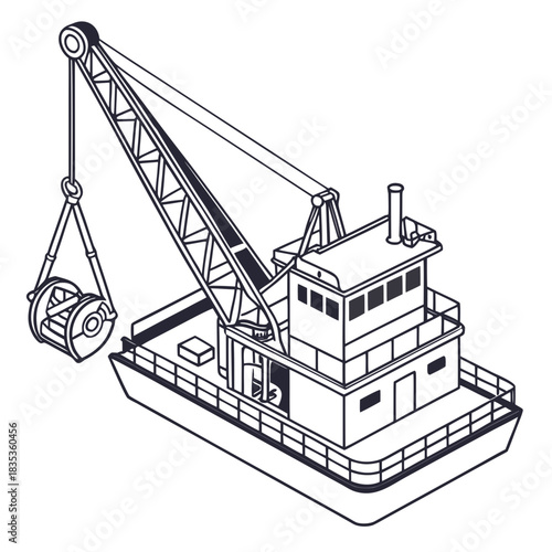 Illustration of a crane barge with a large boom lifting a heavy object in a clear isometric perspective