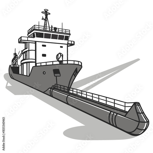Illustration of a modern cargo ship with a long extended loading boom and a prominent bridge structure