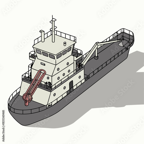 A detailed isometric illustration of a modern tugboat with a prominent crane and a spacious deck for cargo operations