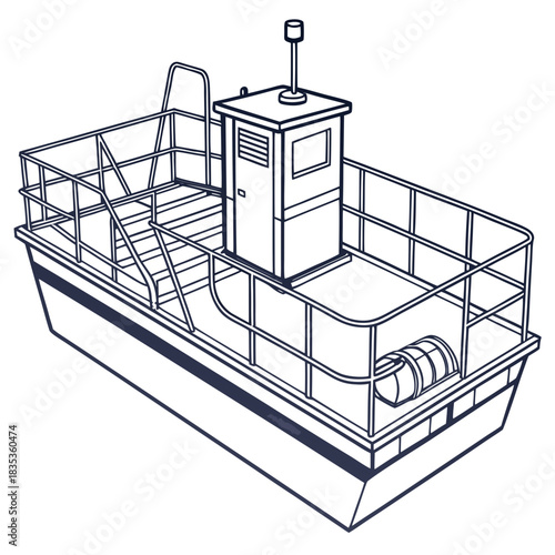 Simple line drawing of a modern pontoon boat with a cabin and railing on a white background