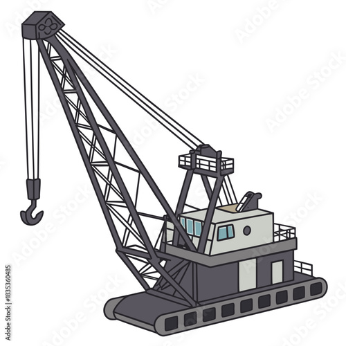Illustration of a heavy duty industrial crawler crane with a large hook and boom against a white background